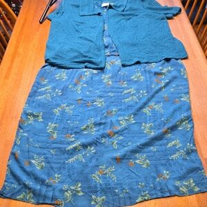 Vtg Lady Dorby Women 22W Teal Floral Shoulder Pad Open Front Cardigan Maxi Dress